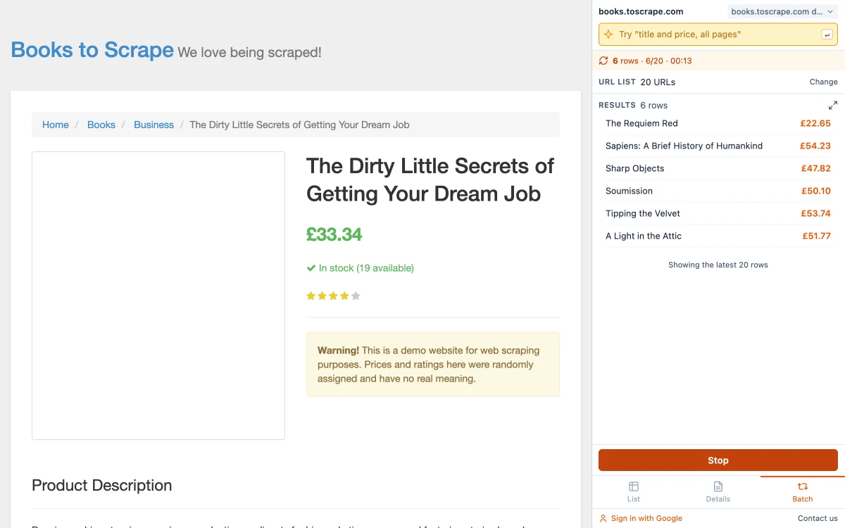 Batch run in progress: 6 rows · 6/20 · 00:13, with full book titles and prices appearing under Results