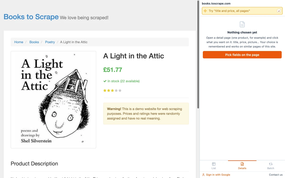 Details mode on a book page with the message Nothing chosen yet and the button Pick fields on the page