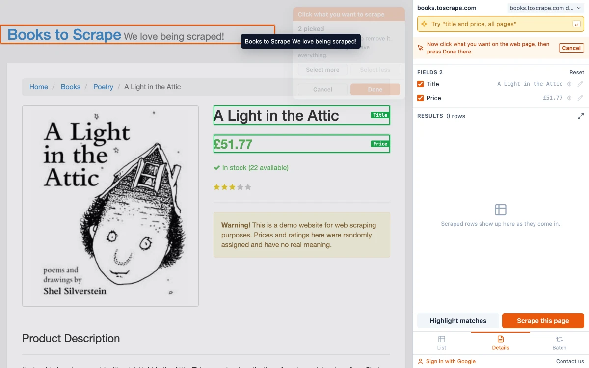 Picking the title and the price on a product page so that each one becomes a column