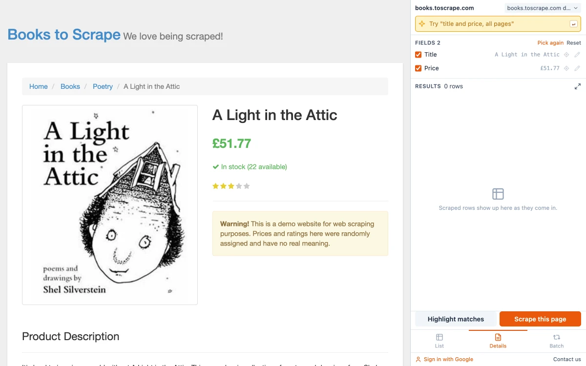 Details mode listing two saved fields with their values, and the buttons Highlight matches and Scrape this page