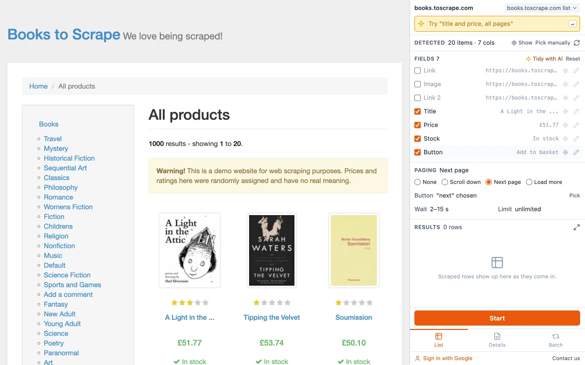 Easy Scraper AI side panel on a book catalog: the Paging section with Next page selected and the next button filled in automatically