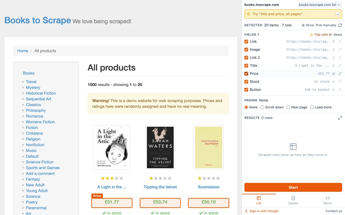 Hovering the Price field in the side panel outlines each price on the book catalog page