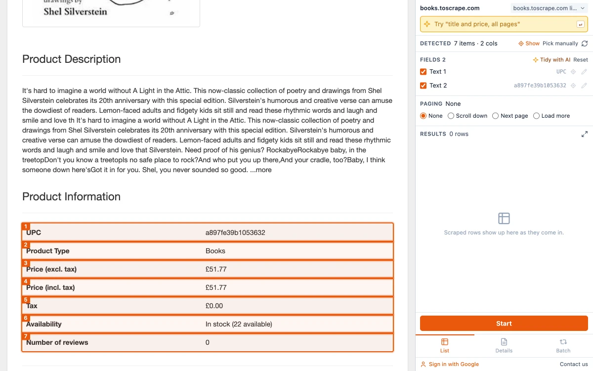 A real HTML table on a product page detected as 7 items and 2 columns in the side panel